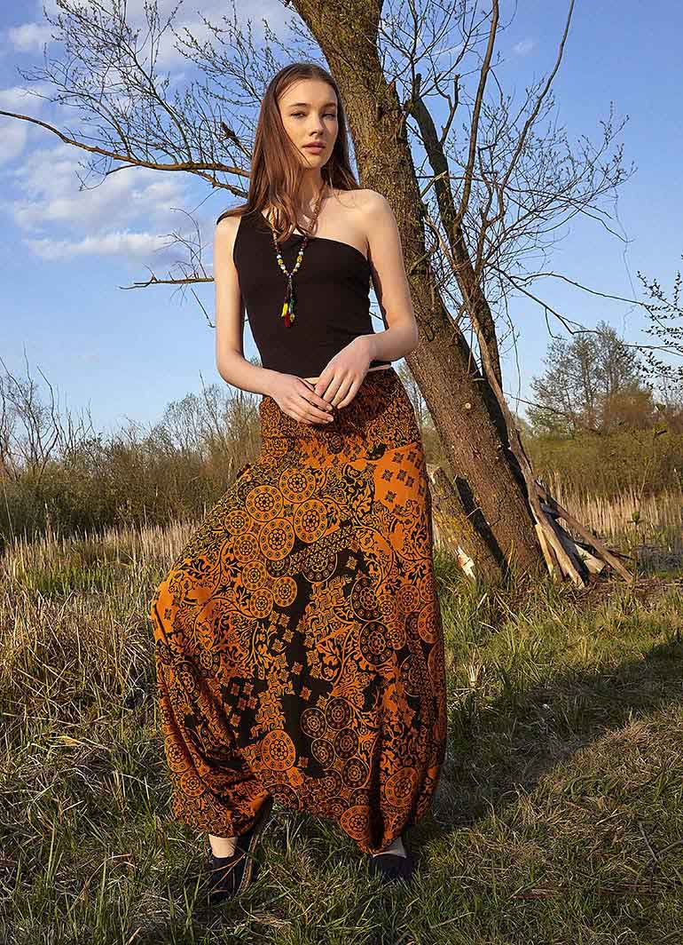 Orange Patterned Smocked Waist Boho Harem Pants 4970