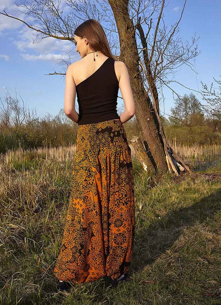 Orange Patterned Smocked Waist Boho Harem Pants 4970