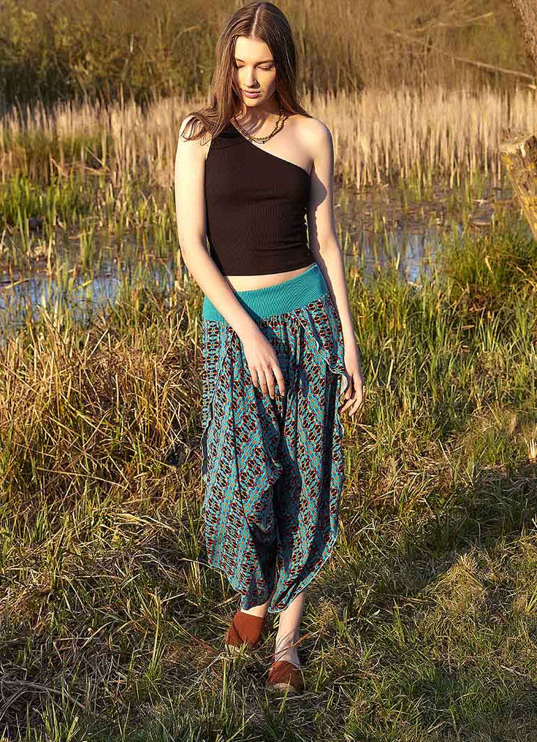 Blue Patterned Slit Drapy Women's Harem Pants 4992