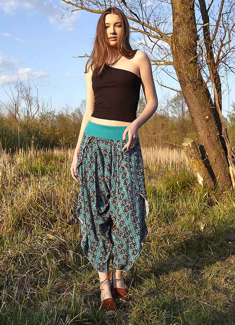 Blue Patterned Slit Drapy Women's Harem Pants 4992