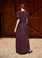 Navy Blue Patterned Bohemian Style Maxi Ruffled Dress 4988
