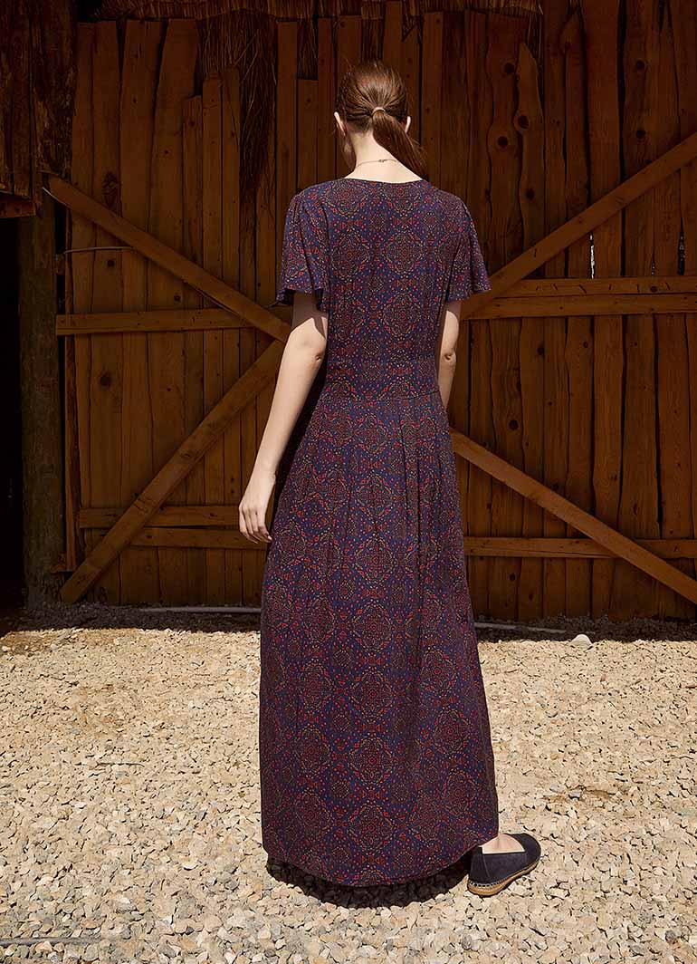 Navy Blue Patterned Bohemian Style Maxi Ruffled Dress 4988