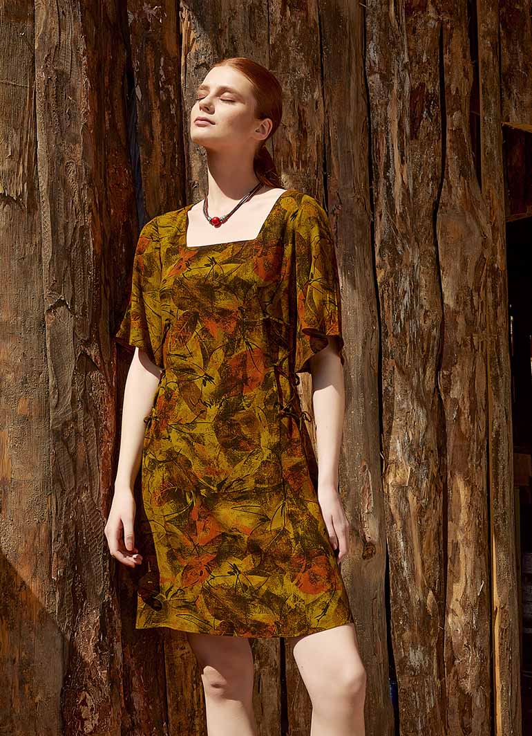 Khaki Patterned Side-Tie Square Neck Dress 4994