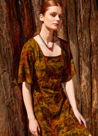 Khaki Patterned Side-Tie Square Neck Dress 4994