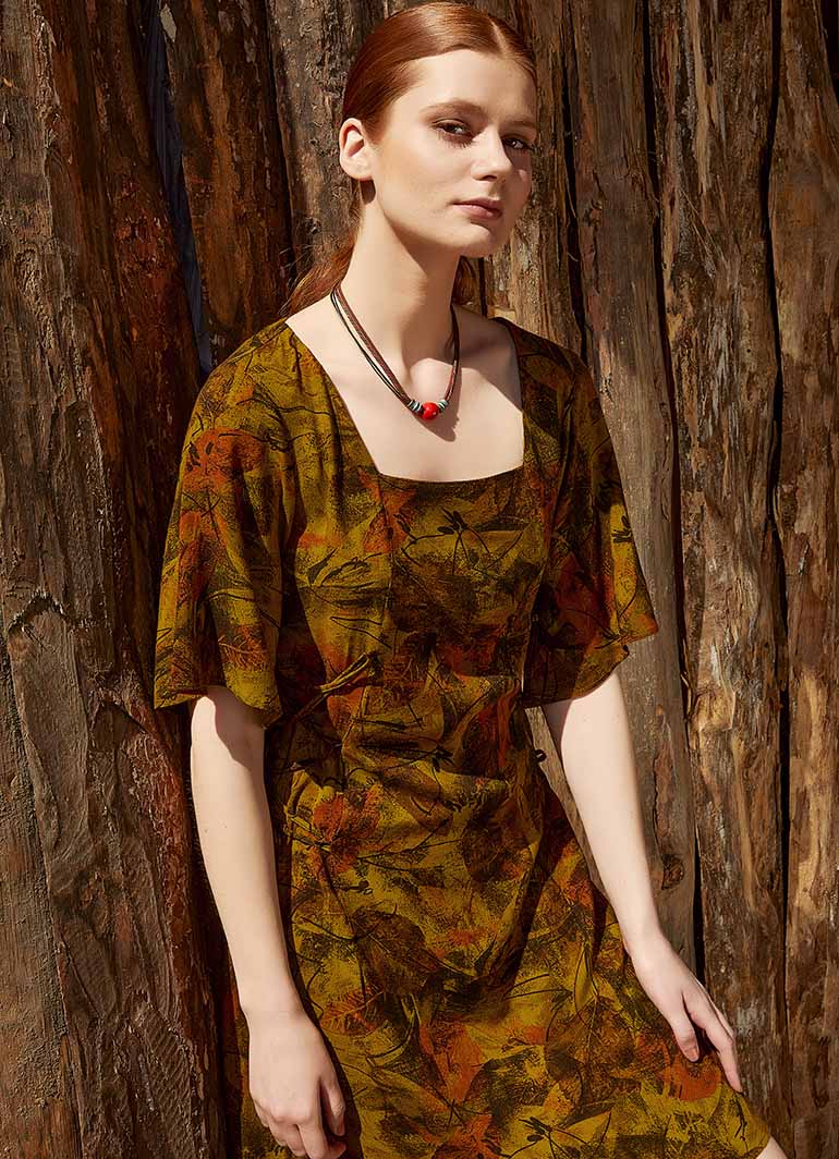 Khaki Patterned Side-Tie Square Neck Dress 4994