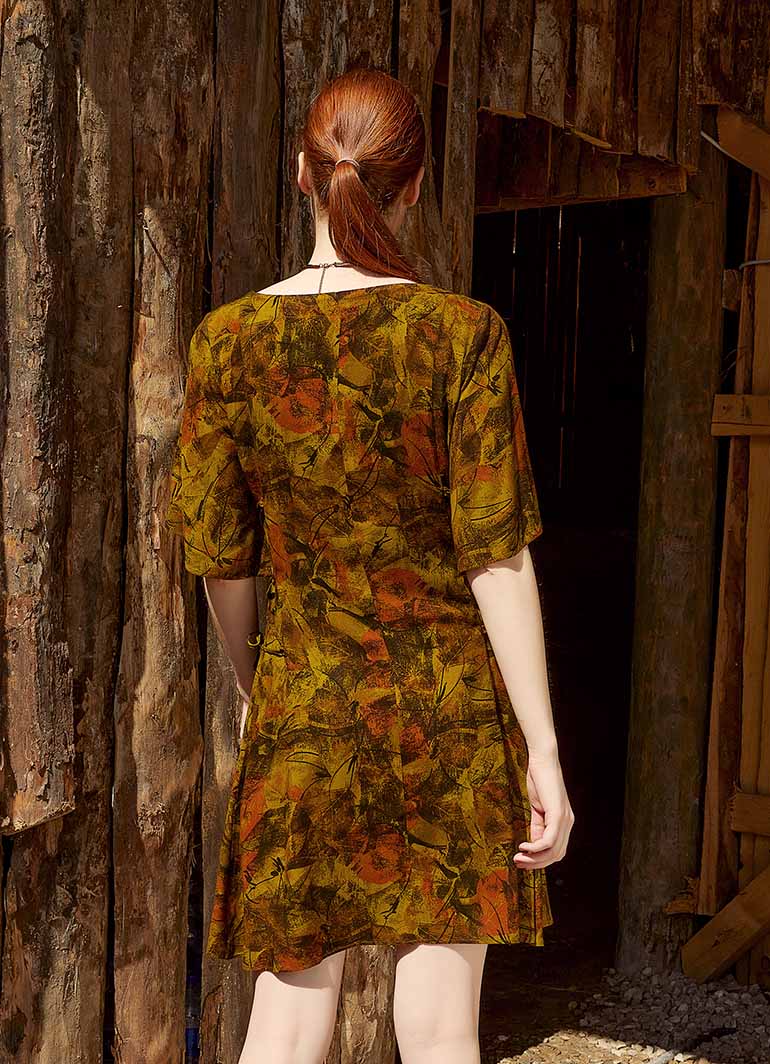 Khaki Patterned Side-Tie Square Neck Dress 4994