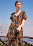 Khaki Patterned Bohemian Style Maxi Ruffled Dress 4989