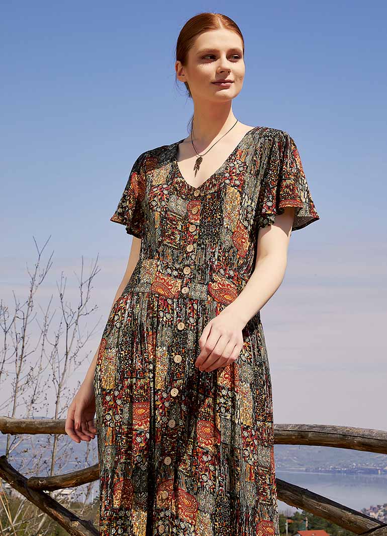 Khaki Patterned Bohemian Style Maxi Ruffled Dress 4989