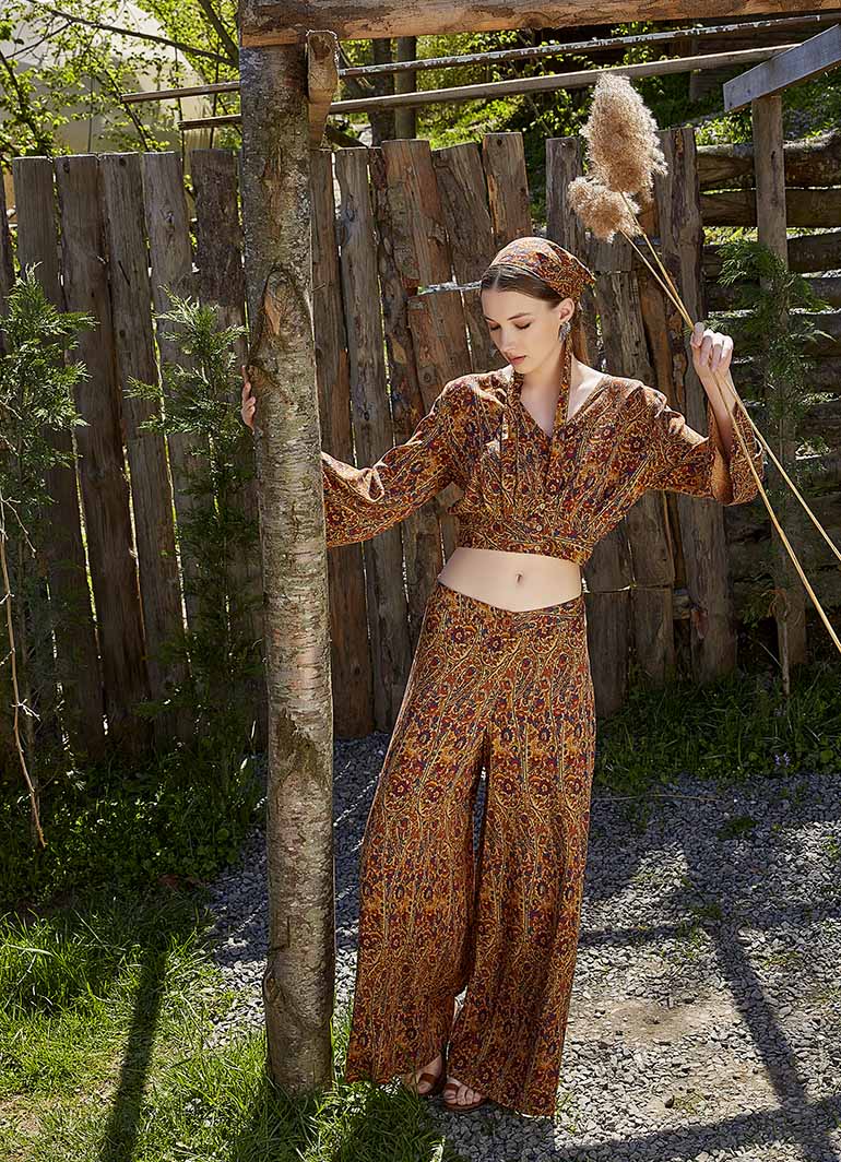 Palazzo High-Waist Wide-Leg Mustard Patterned Trousers 4862