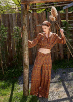 Palazzo High-Waist Wide-Leg Mustard Patterned Trousers 4862