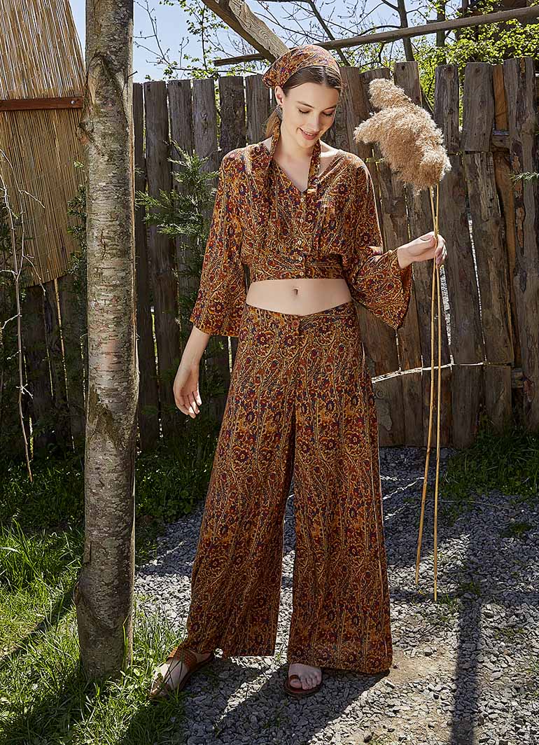 Palazzo High-Waist Wide-Leg Mustard Patterned Trousers 4862