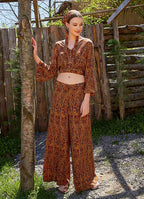 Palazzo High-Waist Wide-Leg Mustard Patterned Trousers 4862