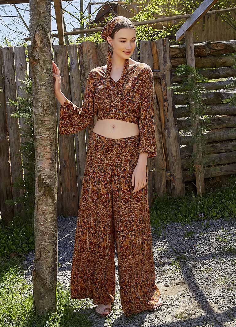 Palazzo High-Waist Wide-Leg Mustard Patterned Trousers 4862