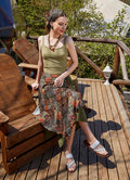 Ethnic Khaki Patterned Two-Tone Midi Skirt 4996