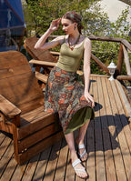 Ethnic Khaki Patterned Two-Tone Midi Skirt 4996