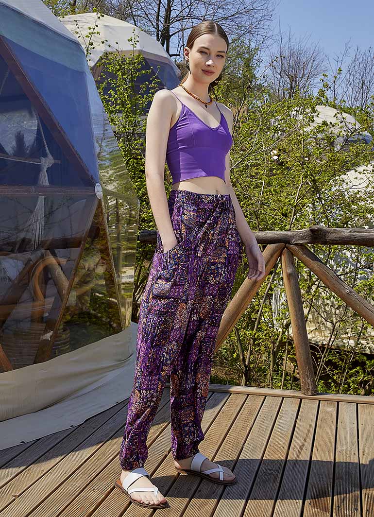 Purple Patterned Bohemian Style Draped Harem Pants 4997