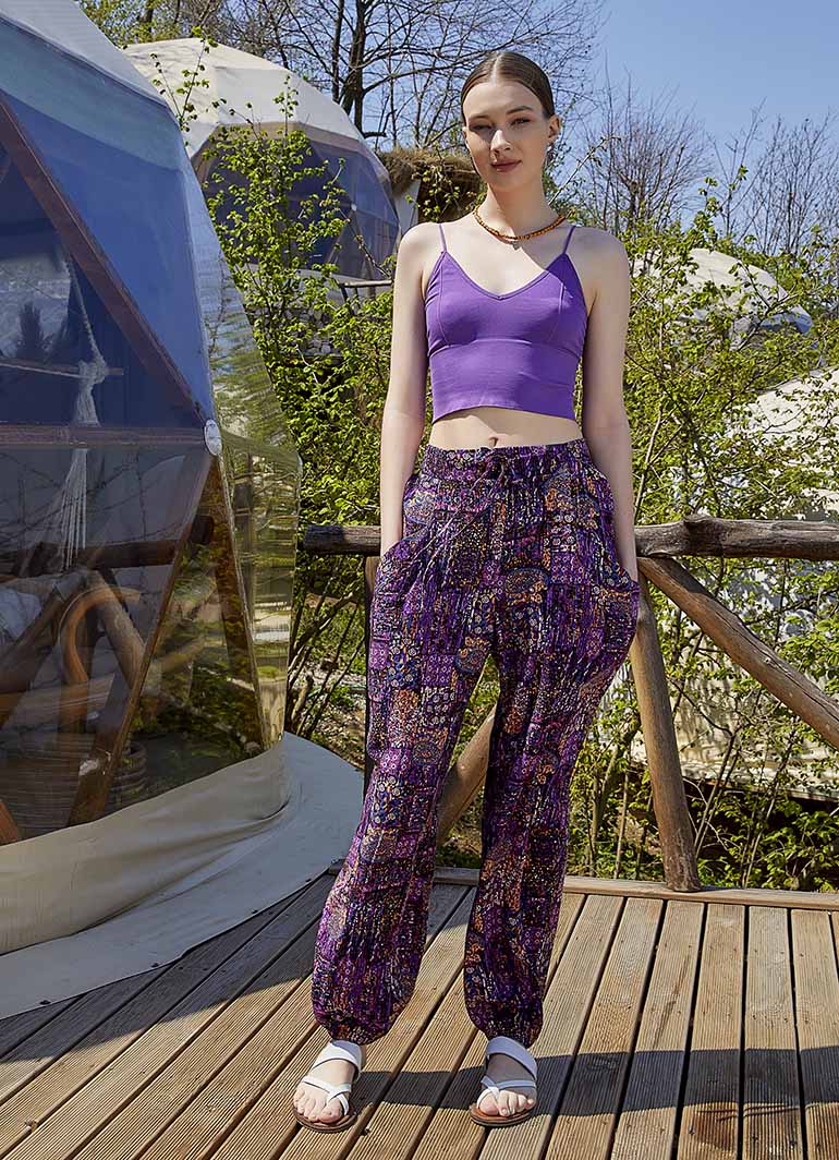 Purple Patterned Bohemian Style Draped Harem Pants 4997