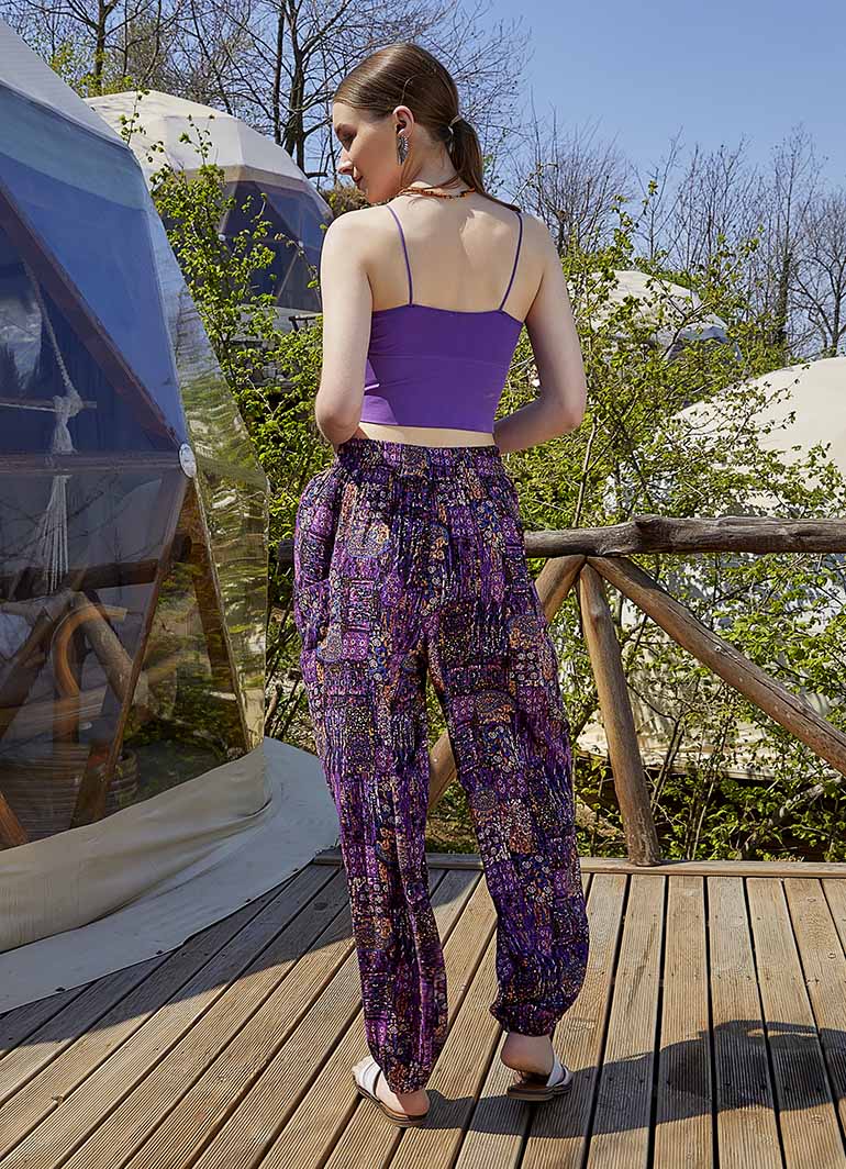 Purple Patterned Bohemian Style Draped Harem Pants 4997