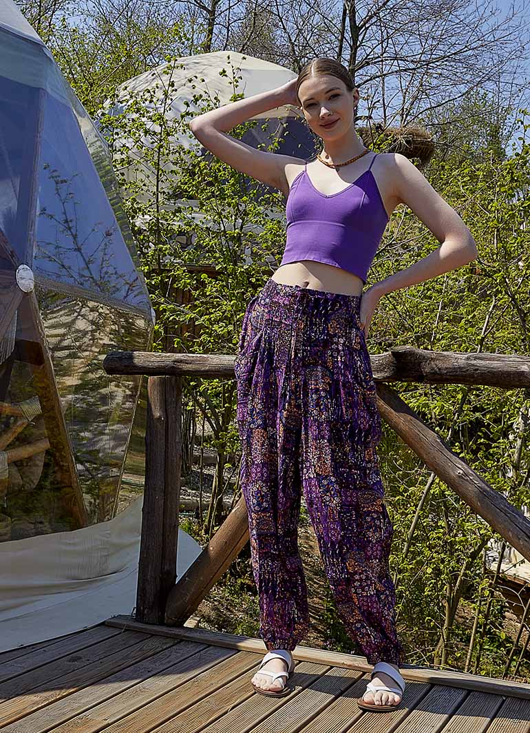 Purple Patterned Bohemian Style Draped Harem Pants 4997