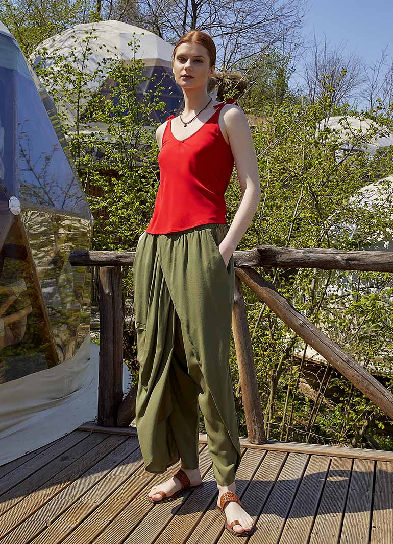 Double-Breasted Front Detail Elastic Waist Loose Khaki Trousers 5042