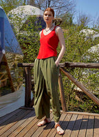 Double-Breasted Front Detail Elastic Waist Loose Khaki Trousers 5042