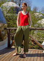 Double-Breasted Front Detail Elastic Waist Loose Khaki Trousers 5042