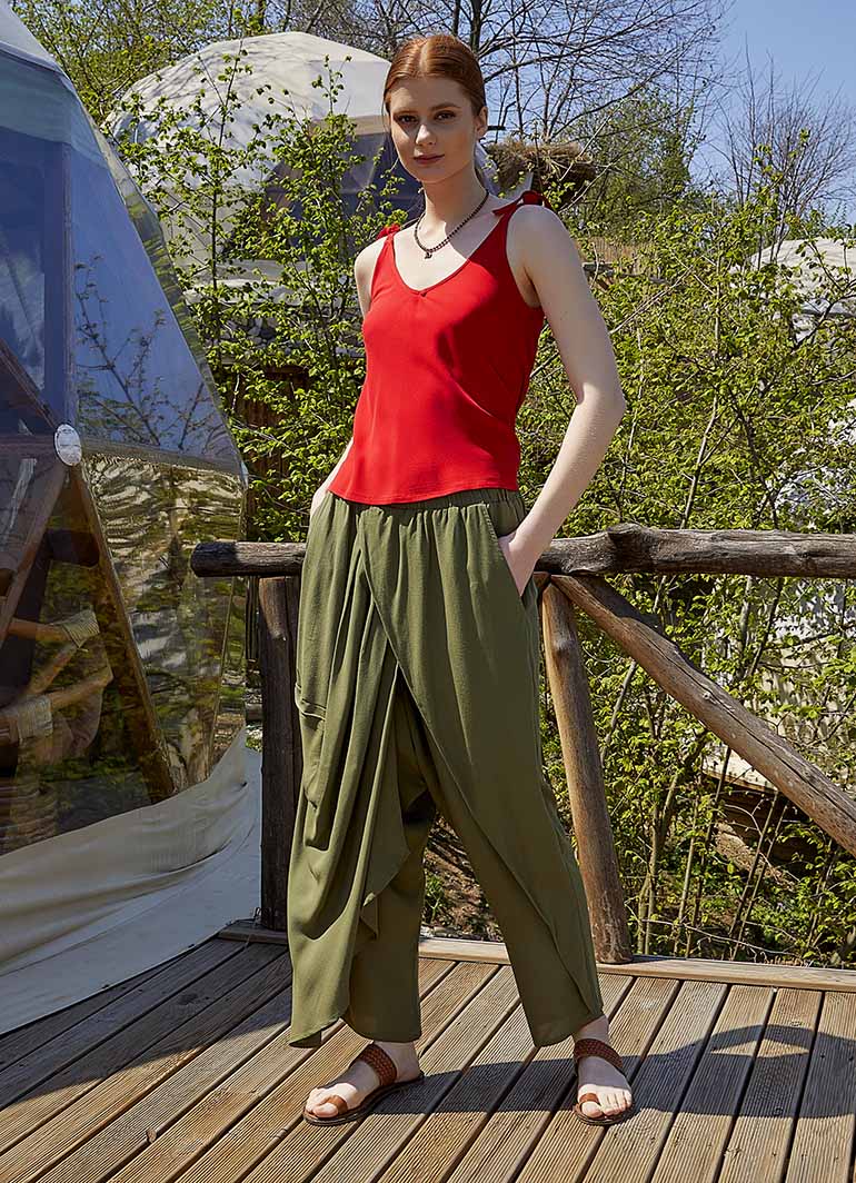 Double-Breasted Front Detail Elastic Waist Loose Khaki Trousers 5042