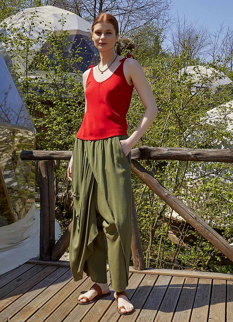 Double-Breasted Front Detail Elastic Waist Loose Khaki Trousers 5042