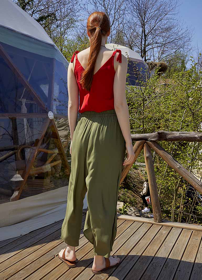Double-Breasted Front Detail Elastic Waist Loose Khaki Trousers 5042