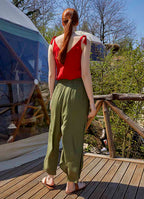 Double-Breasted Front Detail Elastic Waist Loose Khaki Trousers 5042