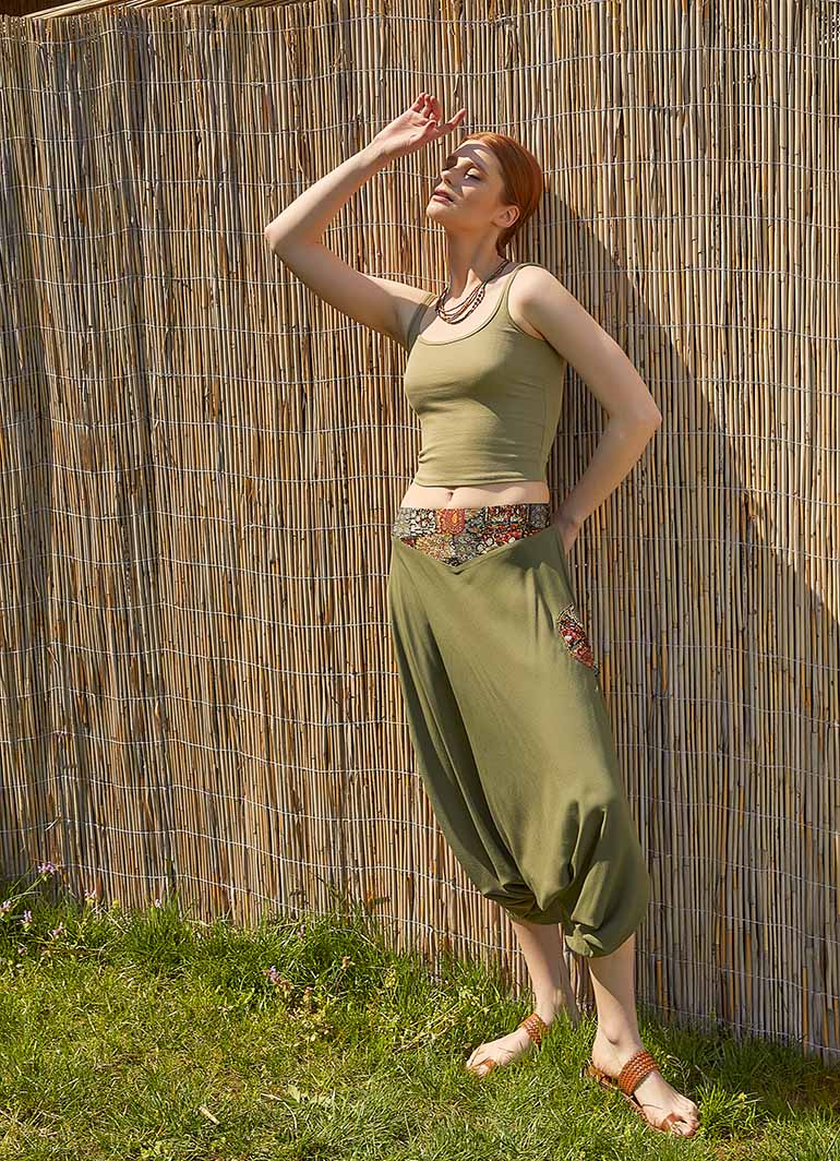 Garnished Appliqué Hippie Style Khaki Harem Pants 5049