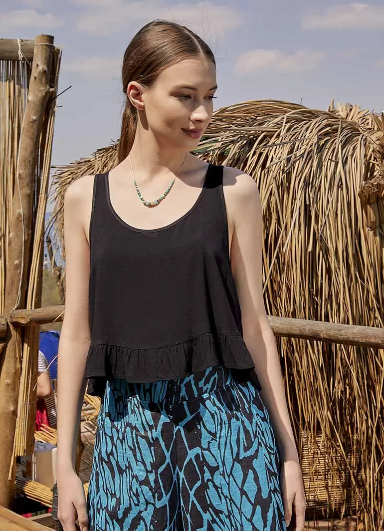 Bohem Tarz Kalın Askılı Siyah Crop Bluz 5036