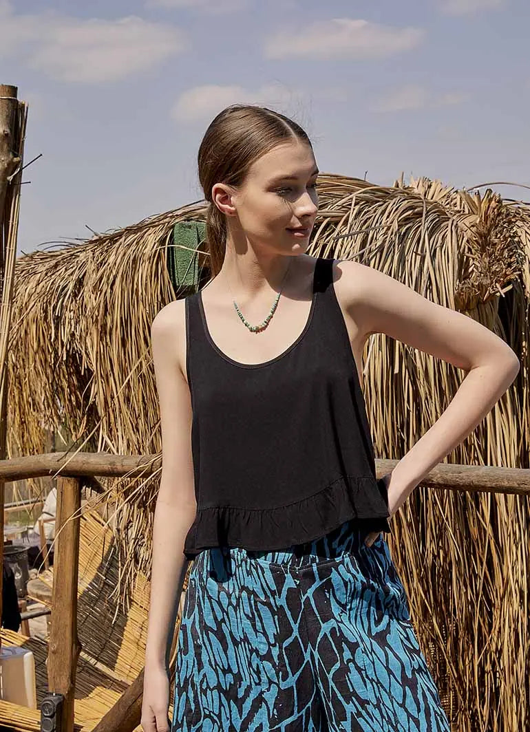 Bohem Tarz Kalın Askılı Siyah Crop Bluz 5036
