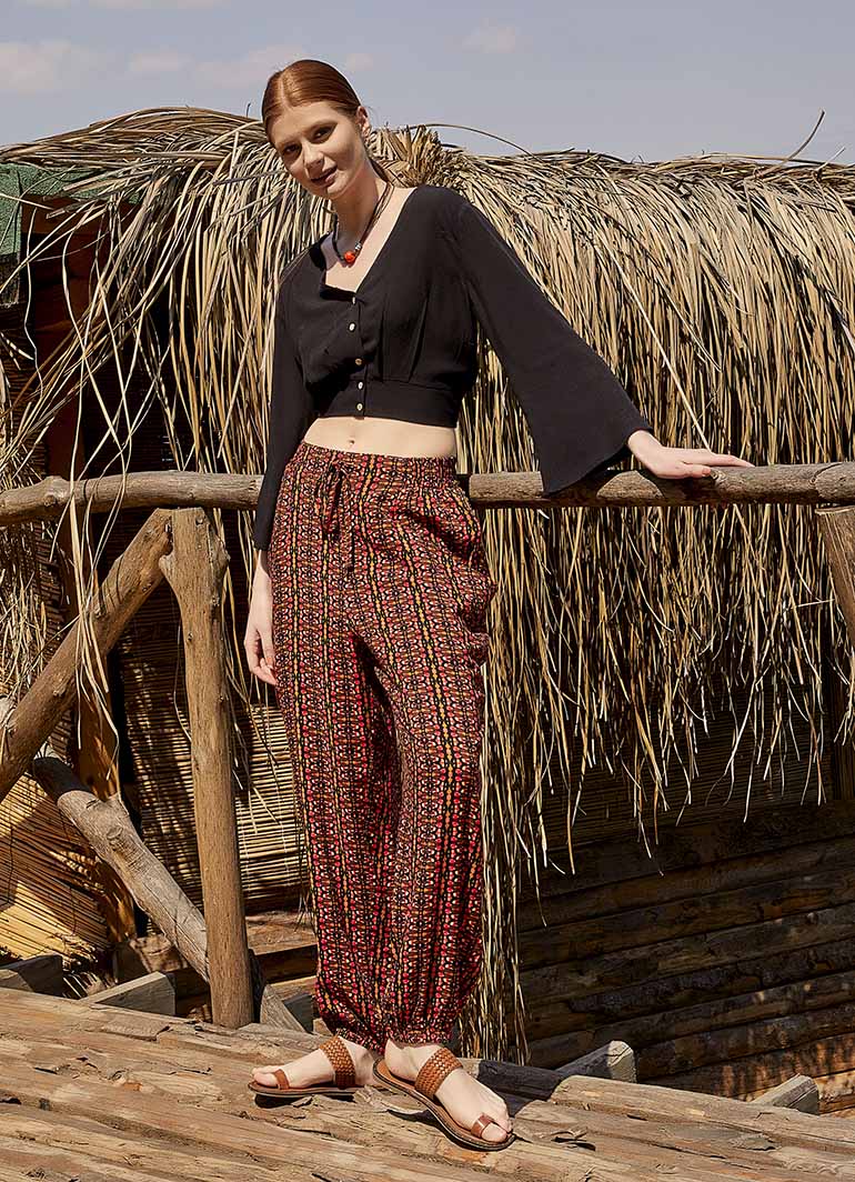 Orange Patterned Bohemian Style Loose Harem Pants 4998