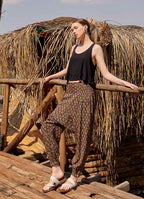 Smocked Waist Detail Patterned Brown Women's Harem Pants 5002