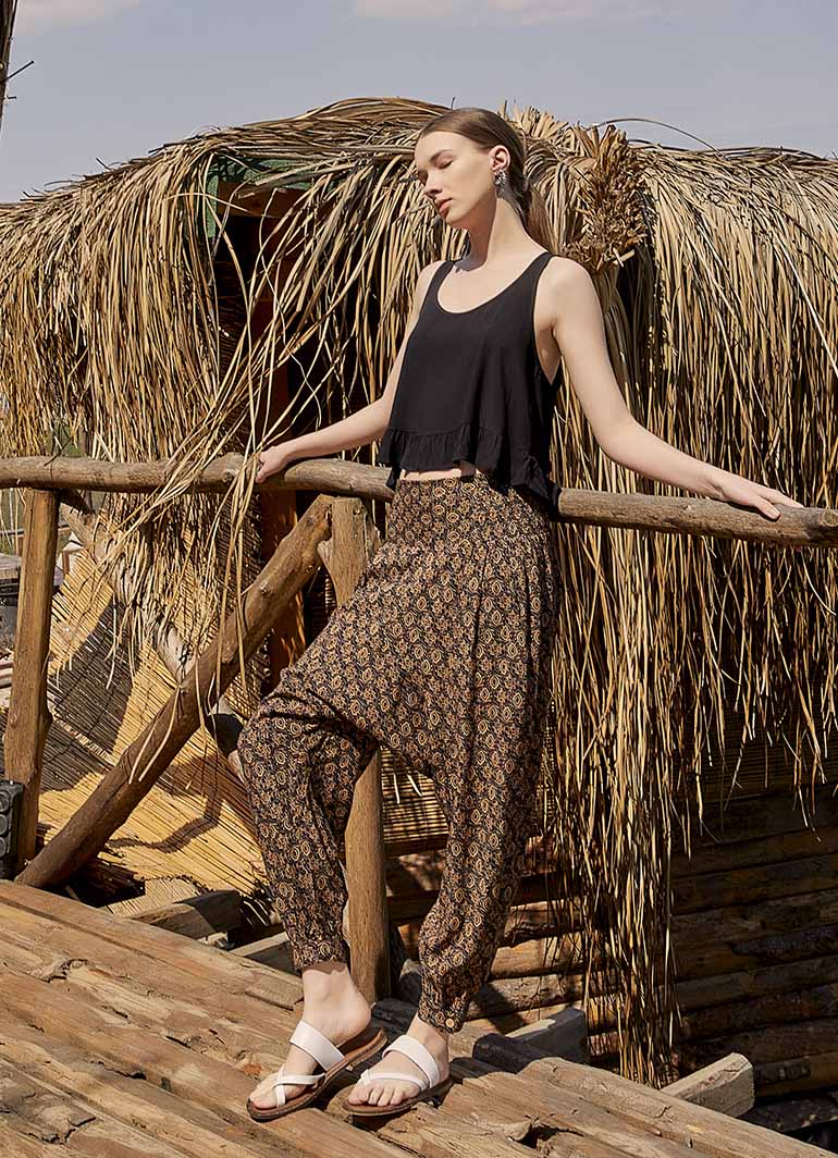 Smocked Waist Detail Patterned Brown Women's Harem Pants 5002