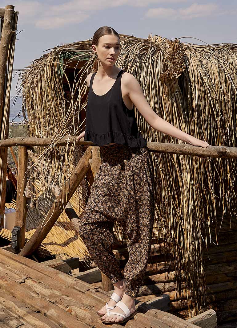 Smocked Waist Detail Patterned Brown Women's Harem Pants 5002