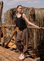 Smocked Waist Detail Patterned Brown Women's Harem Pants 5002