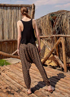 Smocked Waist Detail Patterned Brown Women's Harem Pants 5002