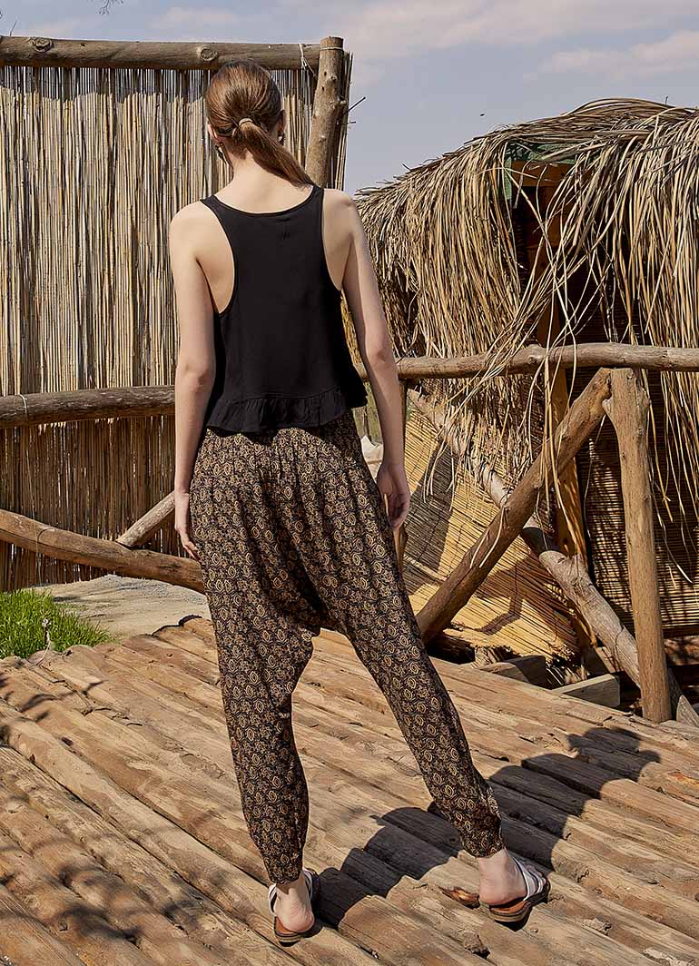 Smocked Waist Detail Patterned Brown Women's Harem Pants 5002