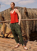 Women's Green Patterned Harem Pants with Smocked Waist Detail 5000