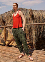 Women's Green Patterned Harem Pants with Smocked Waist Detail 5000