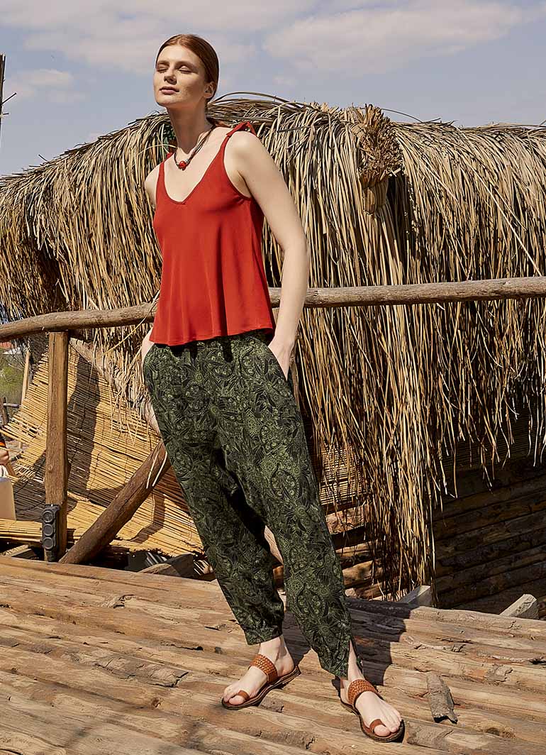 Women's Green Patterned Harem Pants with Smocked Waist Detail 5000