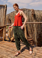 Women's Green Patterned Harem Pants with Smocked Waist Detail 5000