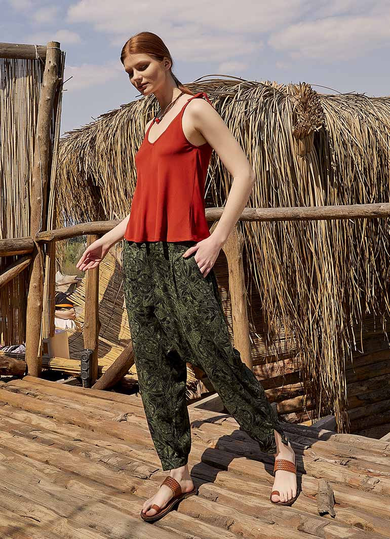 Women's Green Patterned Harem Pants with Smocked Waist Detail 5000
