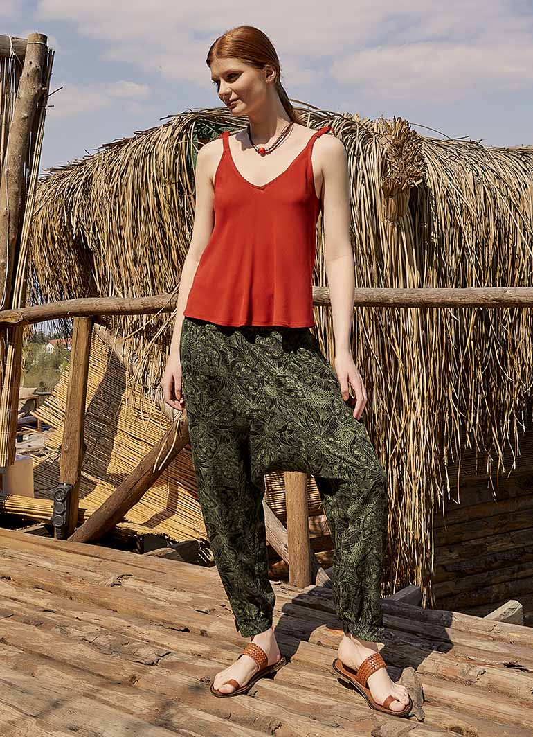 Women's Green Patterned Harem Pants with Smocked Waist Detail 5000