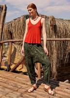 Women's Green Patterned Harem Pants with Smocked Waist Detail 5000