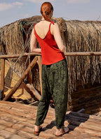 Women's Green Patterned Harem Pants with Smocked Waist Detail 5000
