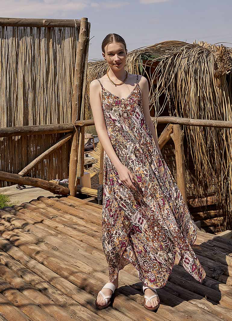 Spaghetti Strap Flowy Patterned Purple Dress 4875
