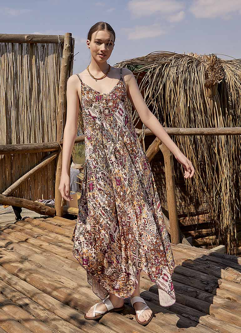 Spaghetti Strap Flowy Patterned Purple Dress 4875